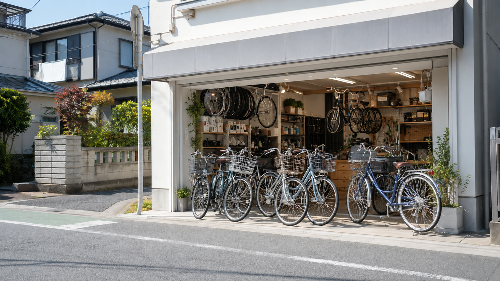 店先にシティサイクルが並ぶ、みなみサイクルの店構え