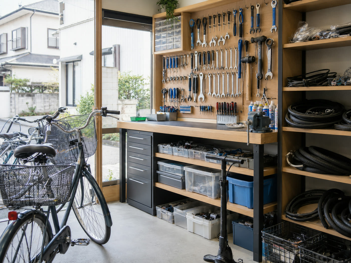 工具と交換用タイヤが整理された自転車修理の作業場