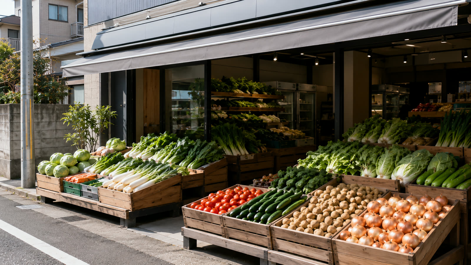 朝の店先。木箱に野菜が山盛りに並ぶみどり青果店の店構え